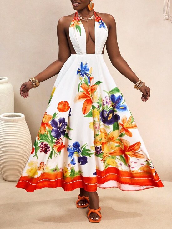 White Sexy Women's Plant-Print Suspender Wrap Dress - Picture 5 of 7